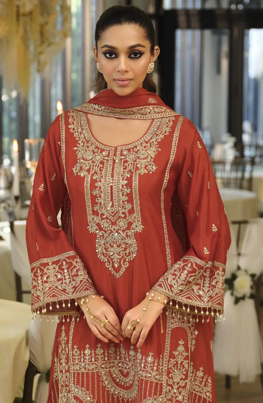 Dusty Red Chinon Embroidered Salwar Suit