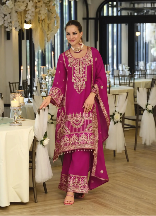 Hot Pink Chinon Embroidered Salwar Suit