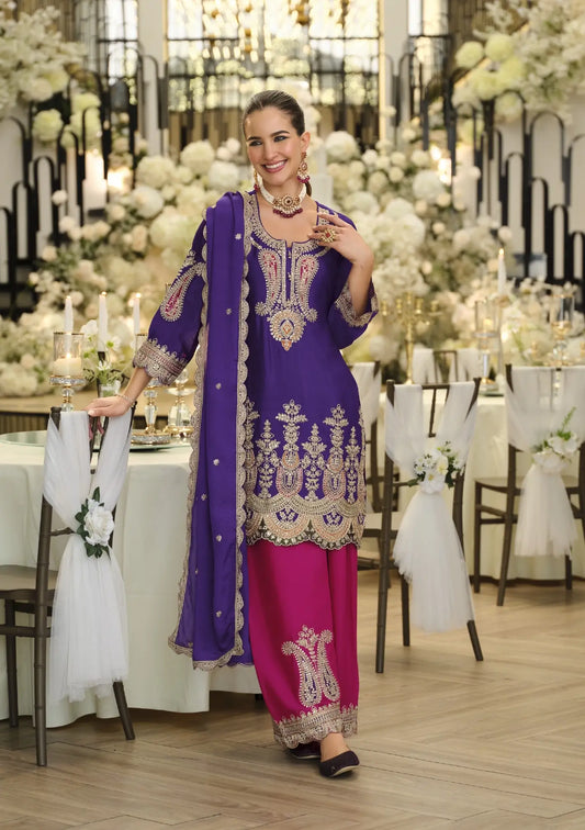 Plum Purple Chinon Embroidered Salwar Suit