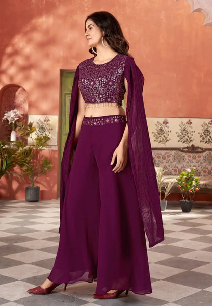 Designer Wine Georgette Indo Western With Sequins Work