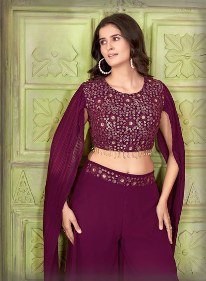 Designer Wine Georgette Indo Western With Sequins Work