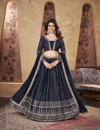 Navy Blue Georgette Pigment Foil Work Lehenga Choli