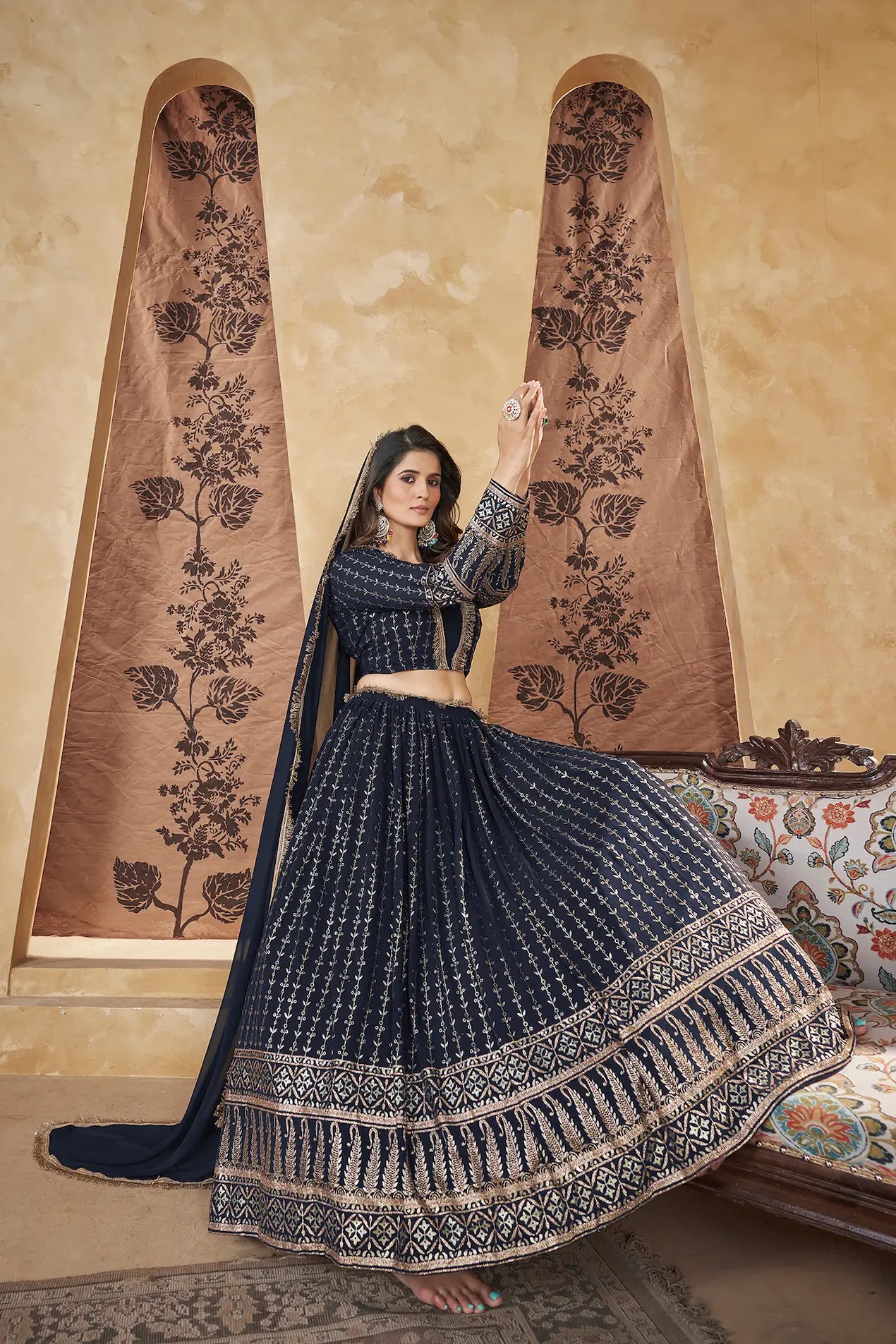 Navy Blue Georgette Pigment Foil Work Lehenga Choli