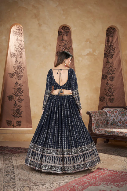Navy Blue Georgette Pigment Foil Work Lehenga Choli