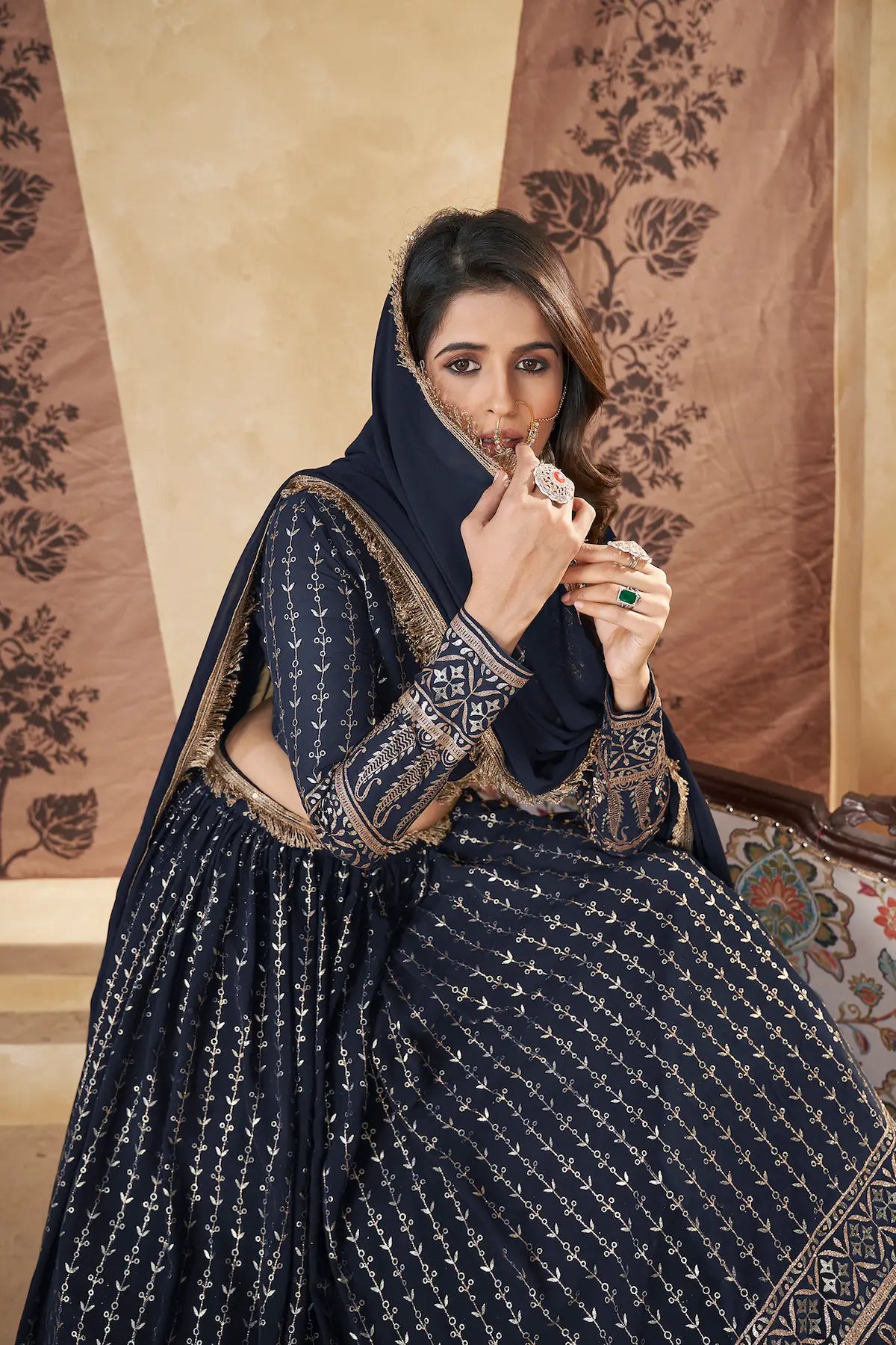 Navy Blue Georgette Pigment Foil Work Lehenga Choli