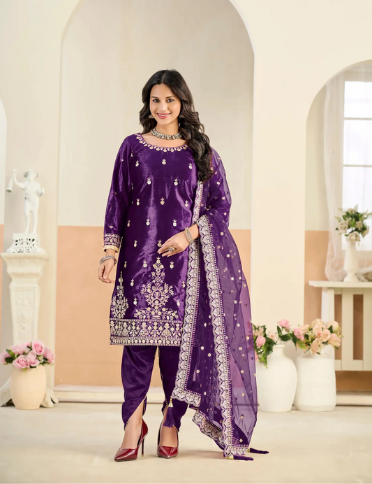 Plum Purple Velvet Embroidered Salwar Suit