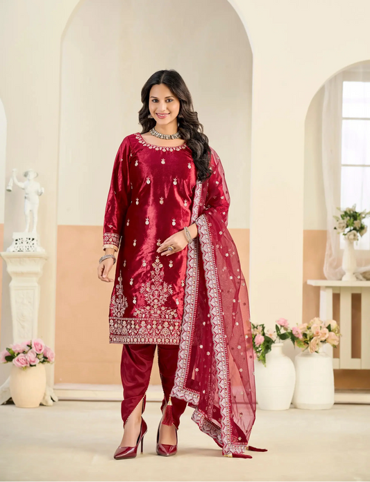 Hot Red Velvet Embroidered Salwar Suit