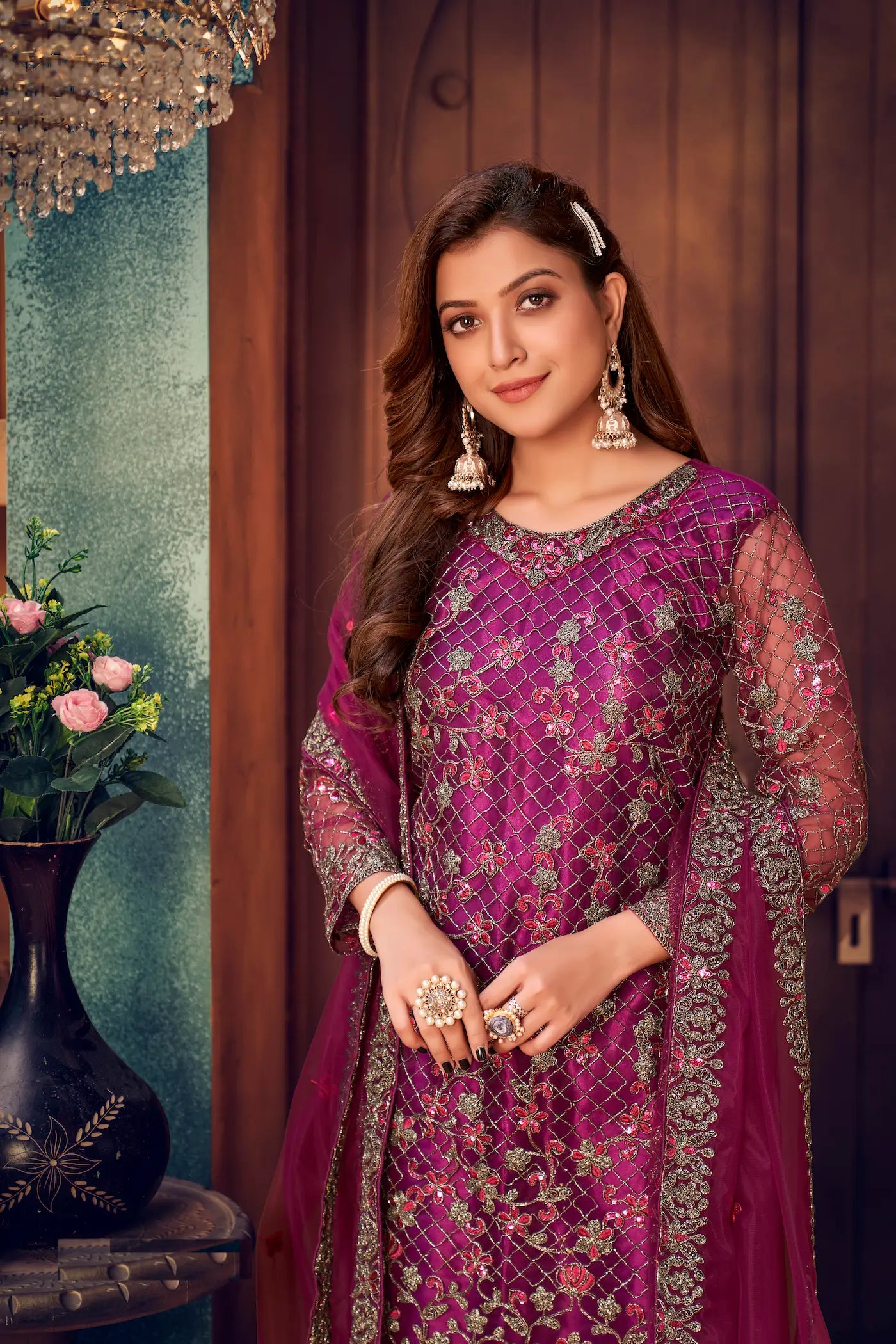 Dark Purple Net Thread & Sequence Embroidery Work Salwar Suit