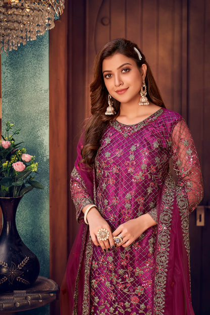 Dark Purple Net Thread & Sequence Embroidery Work Salwar Suit