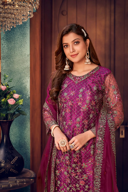 Dark Purple Net Thread & Sequence Embroidery Work Salwar Suit