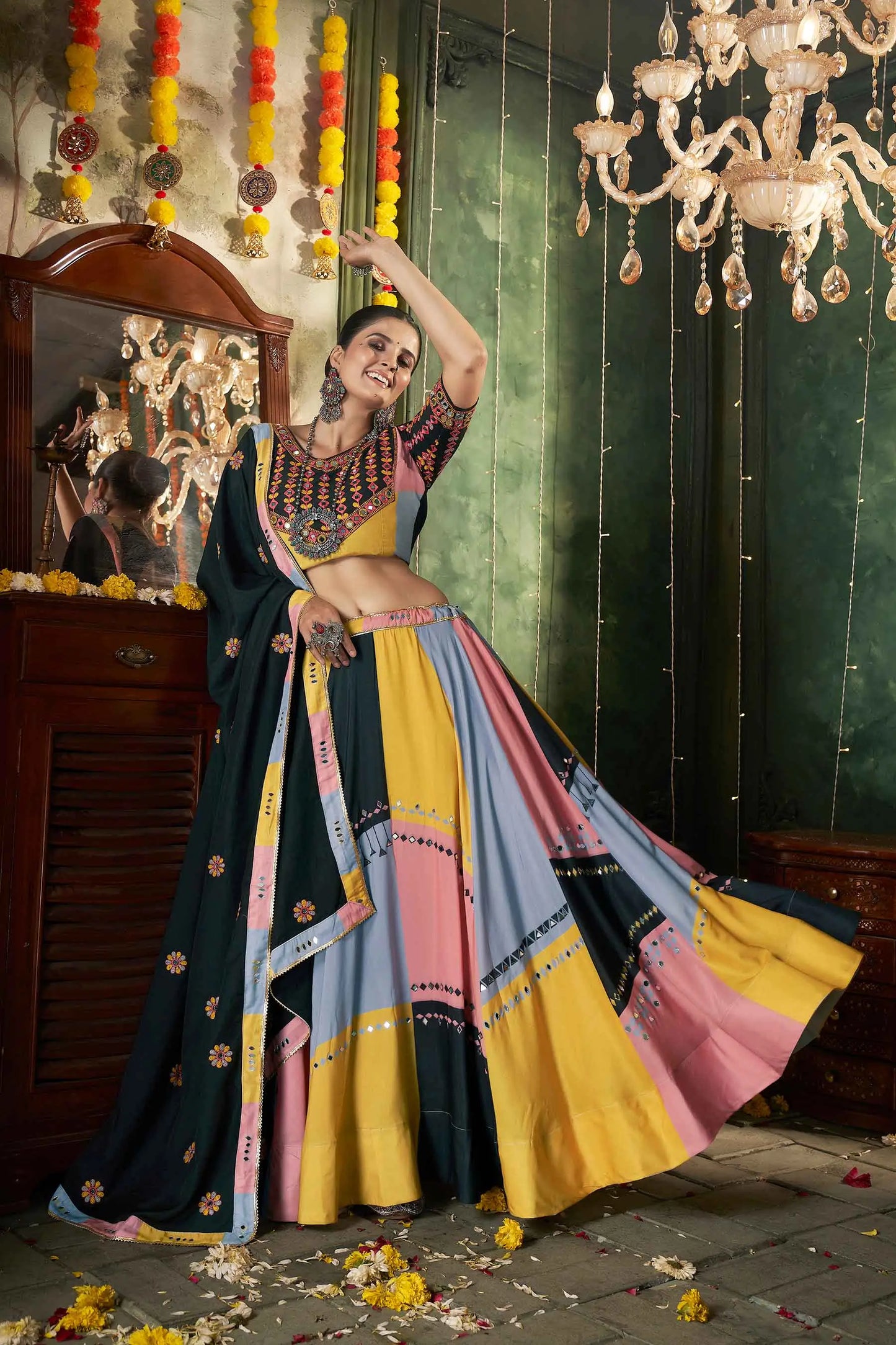 Multi Color Maslin Cotton Print With Mirror Work Navratri Lehenga Choli
