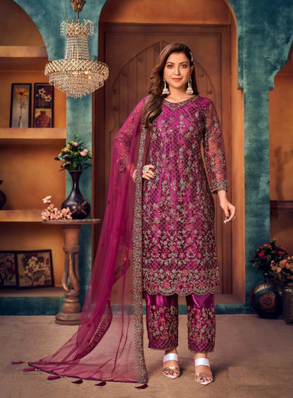 Dark Purple Net Thread & Sequence Embroidery Work Salwar Suit