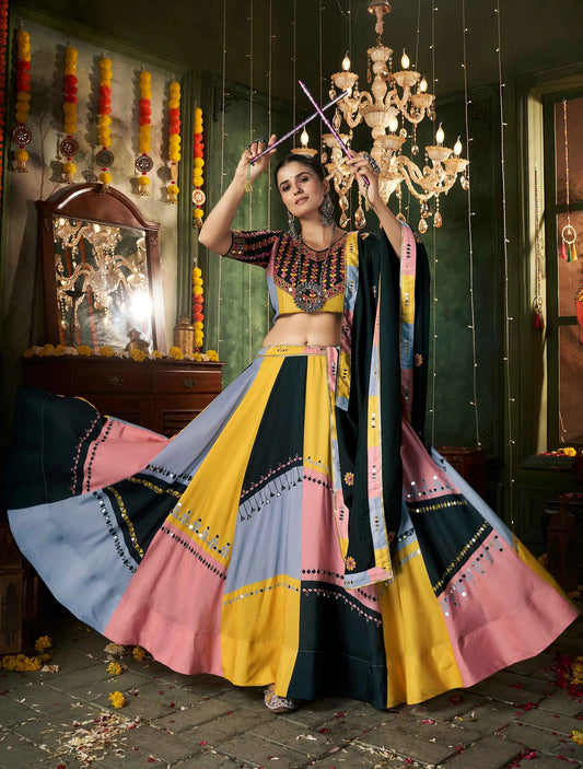 Multi Color Maslin Cotton Print With Mirror Work Navratri Lehenga Choli