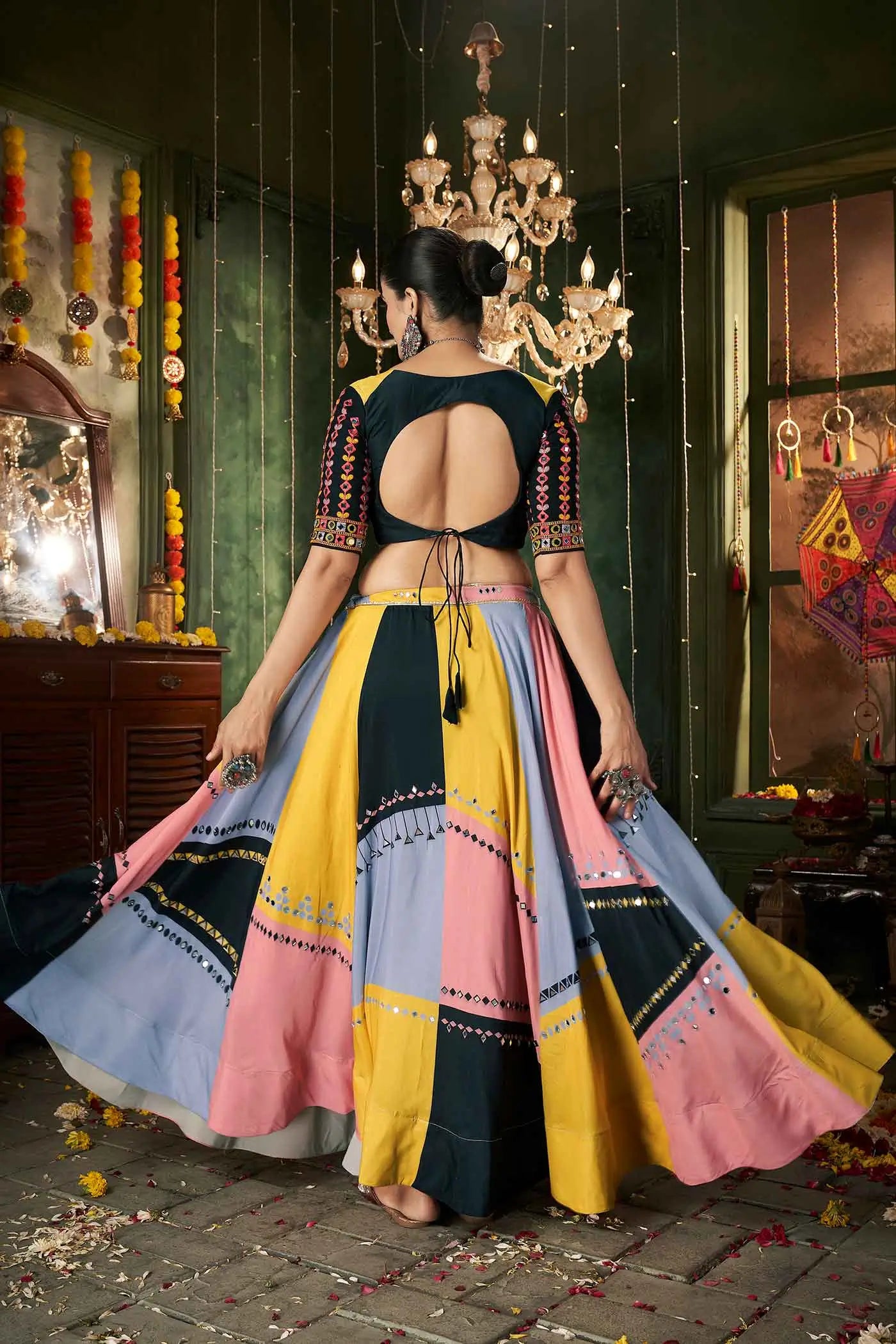 Multi Color Maslin Cotton Print With Mirror Work Navratri Lehenga Choli