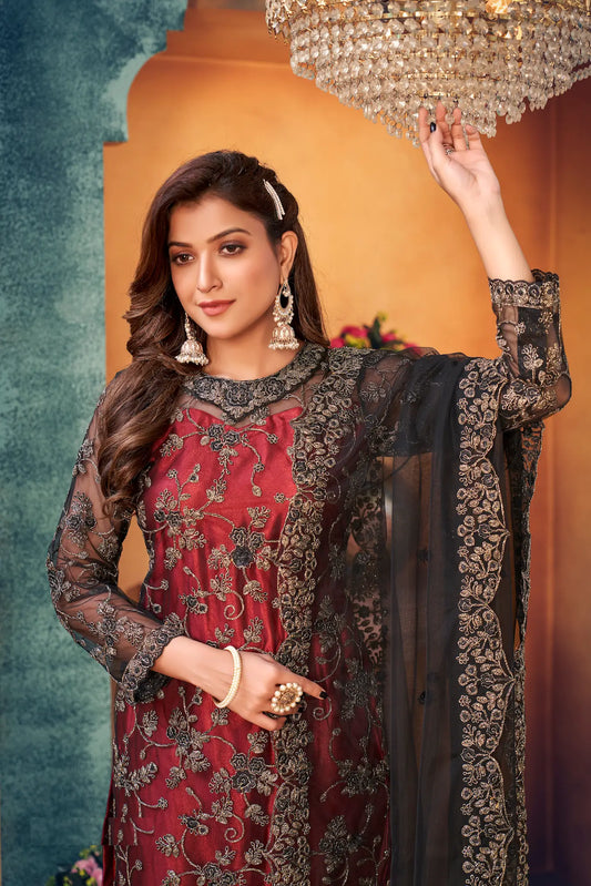 Brick Red Net Thread & Sequence Embroidery Work Salwar Suit