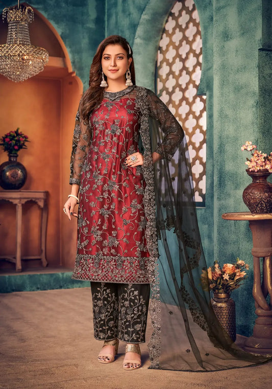Brick Red Net Thread & Sequence Embroidery Work Salwar Suit