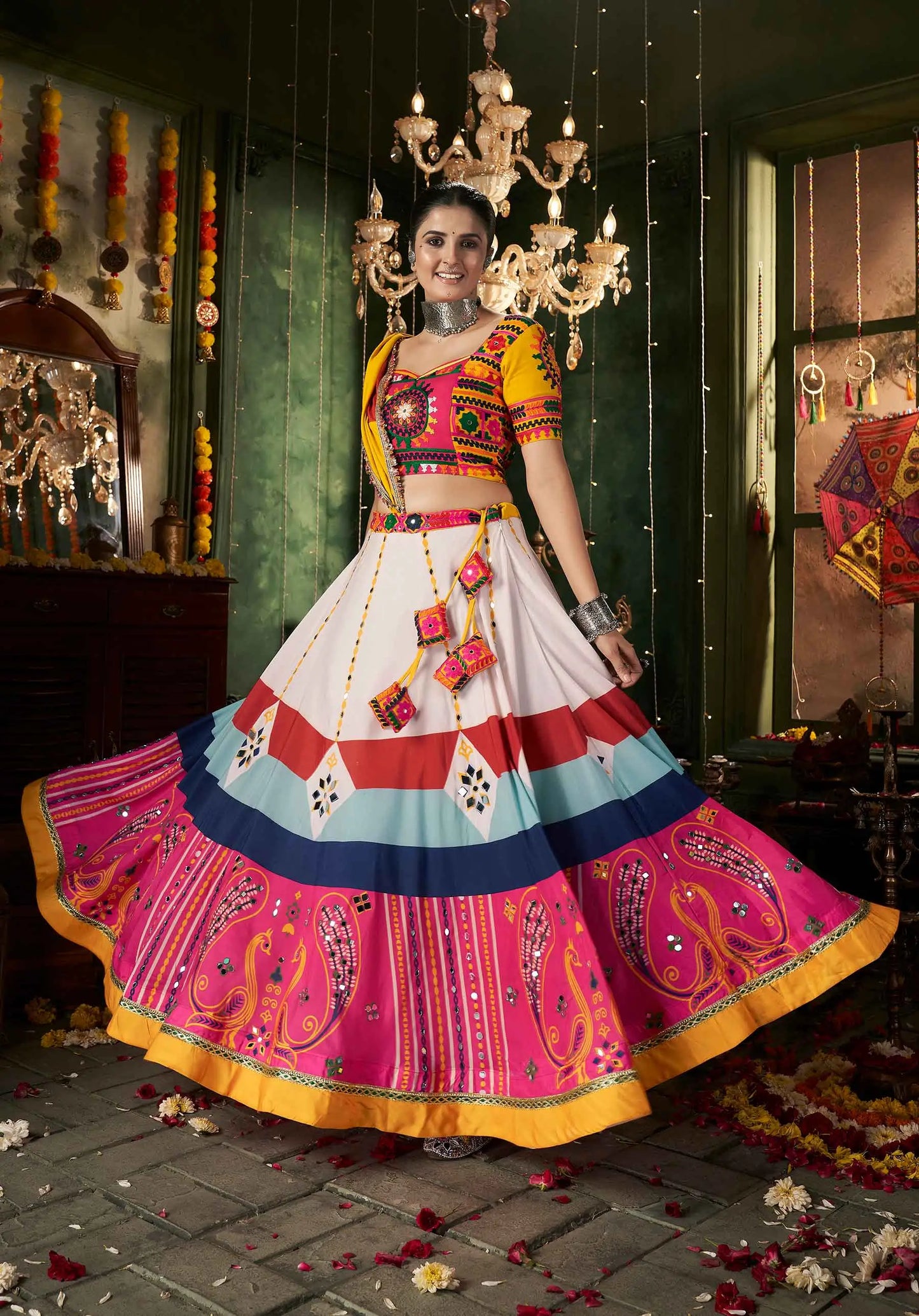 Multi Color Maslin Cotton Navratri Lehenga Choli Print And Mirror Work