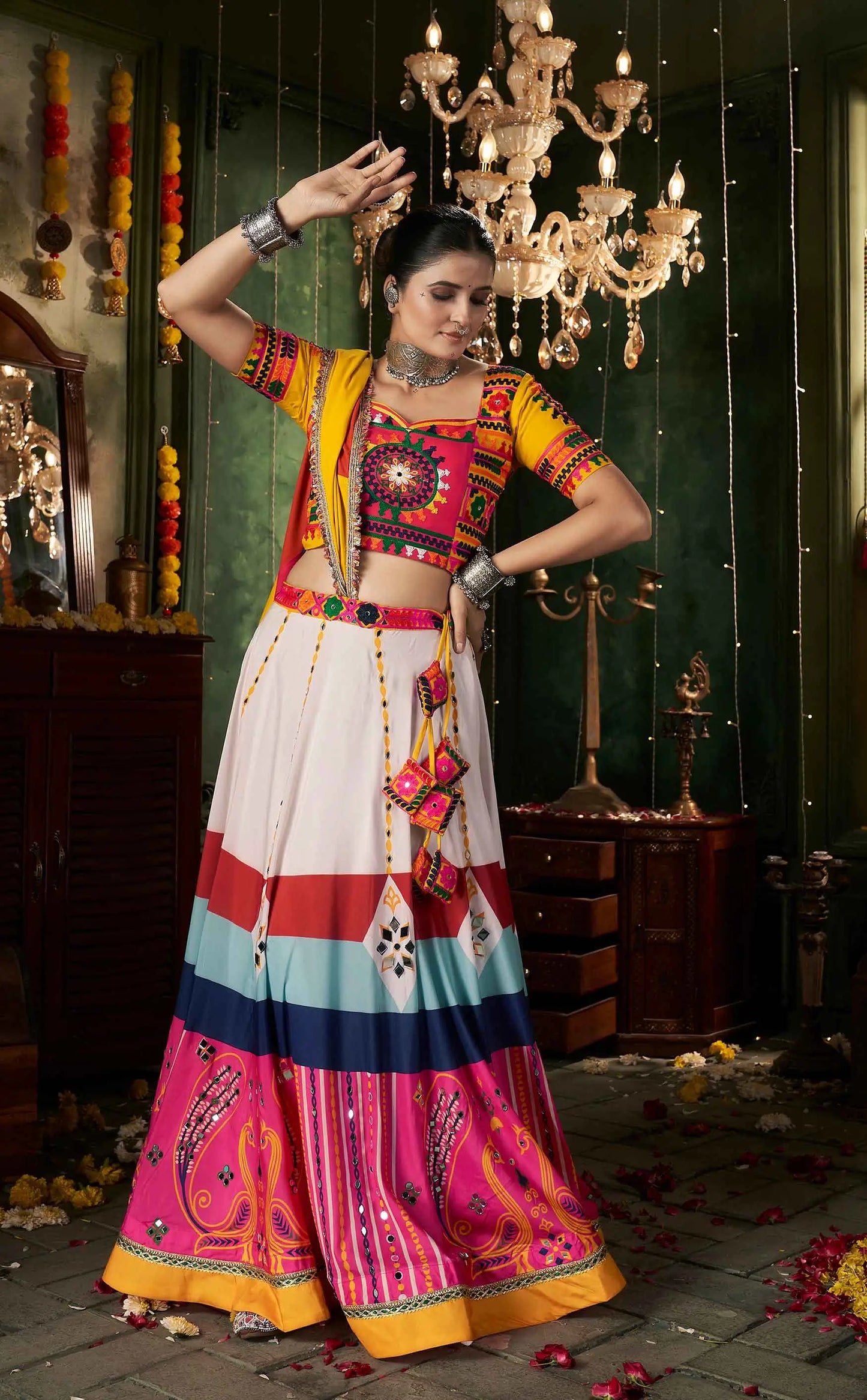 Multi Color Maslin Cotton Navratri Lehenga Choli Print And Mirror Work