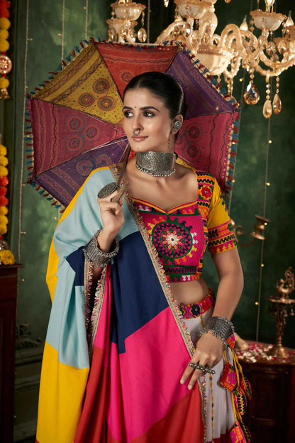 Multi Color Maslin Cotton Navratri Lehenga Choli Print And Mirror Work
