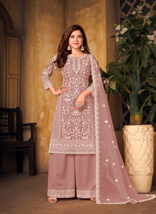Dusty Peach Net Thread & Sequence Embroidery Work Salwar Suit