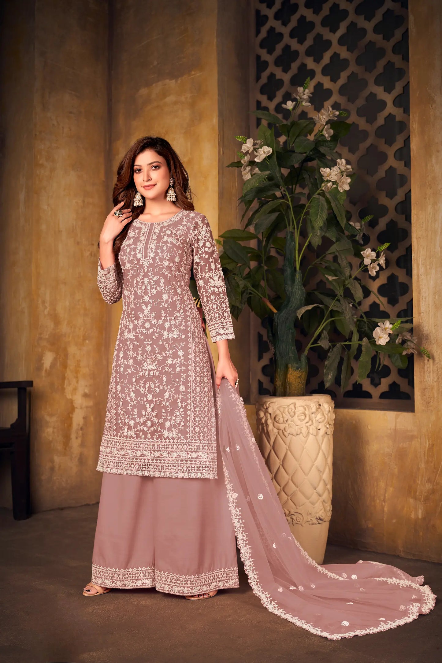 Dusty Peach Net Thread & Sequence Embroidery Work Salwar Suit