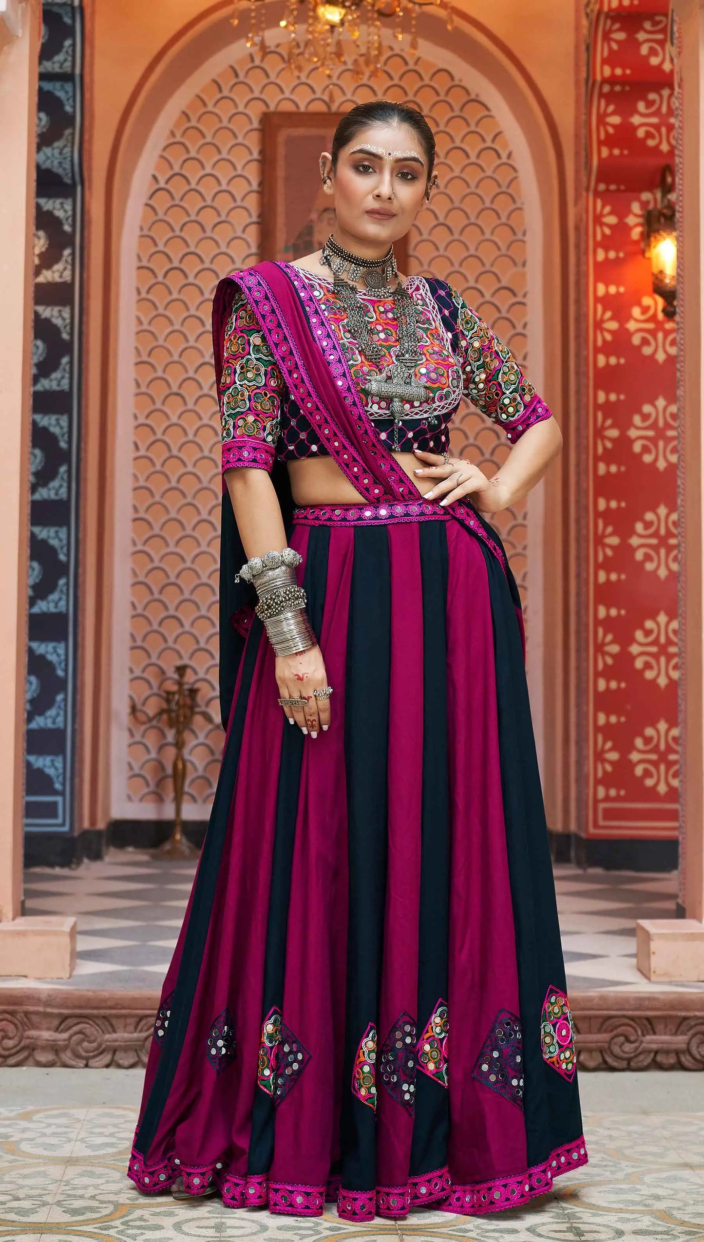 Navy Blue And Pink Embroidery With Mirror Work Navratri Lehenga Choli