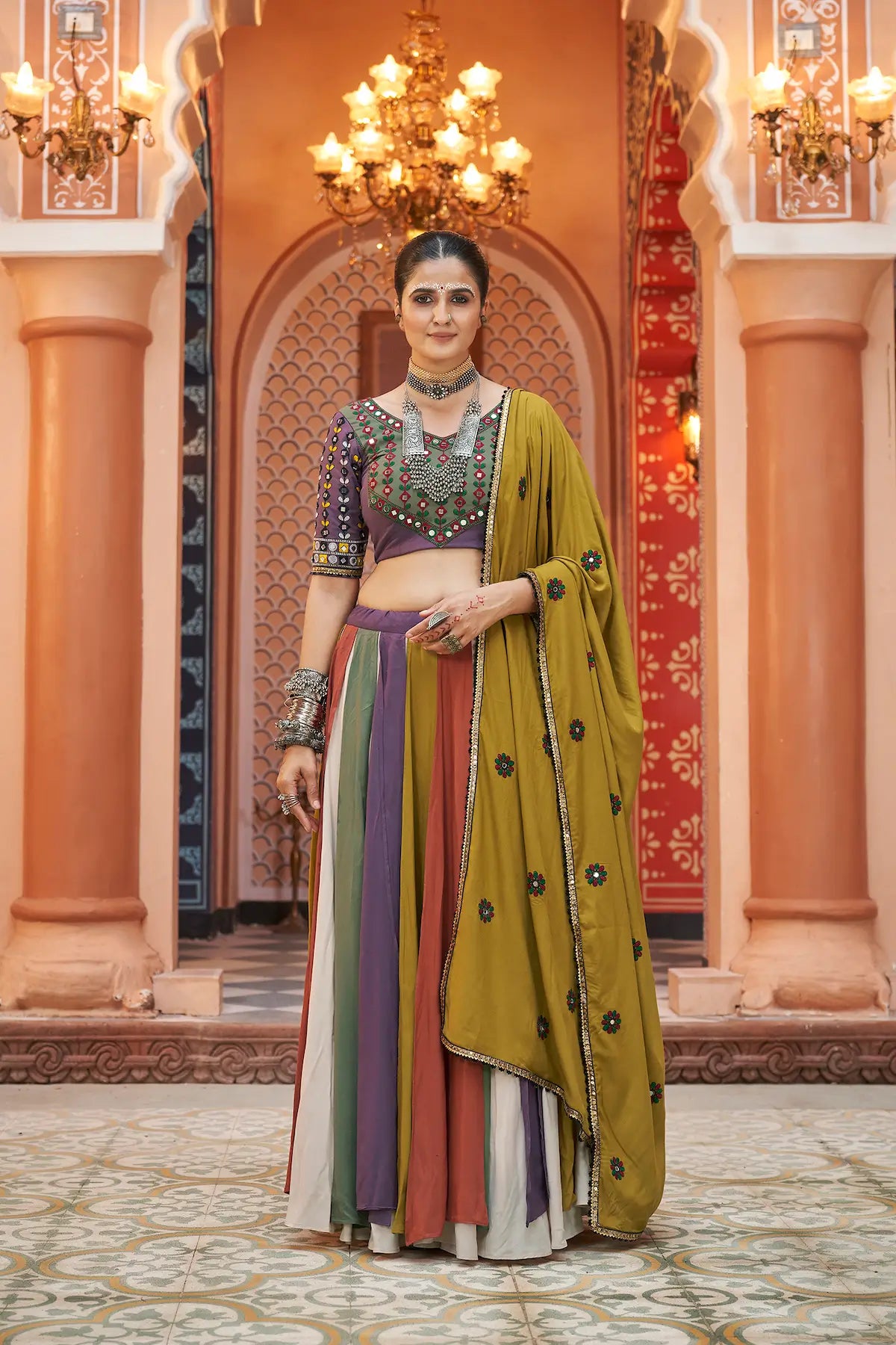 Multicolor Viscose Rayon Thread Embroidery With Mirror Work Navratri Lehenga Choli