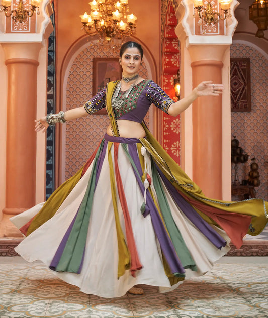 Multicolor Viscose Rayon Thread Embroidery With Mirror Work Navratri Lehenga Choli