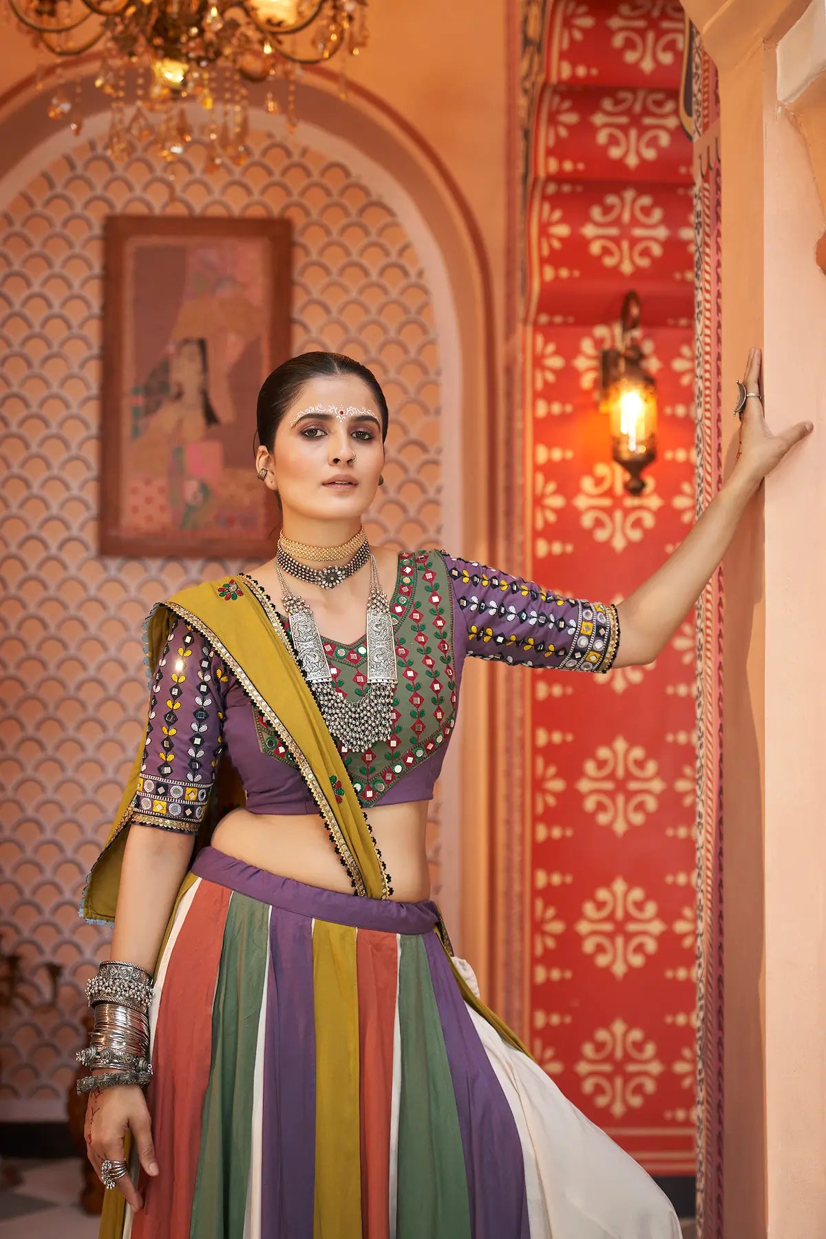 Multicolor Viscose Rayon Thread Embroidery With Mirror Work Navratri Lehenga Choli