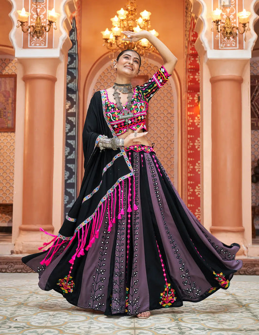Multicolor Viscose Rayon Navratri Lehenga Choli With Thread Embroidery With Mirror Work