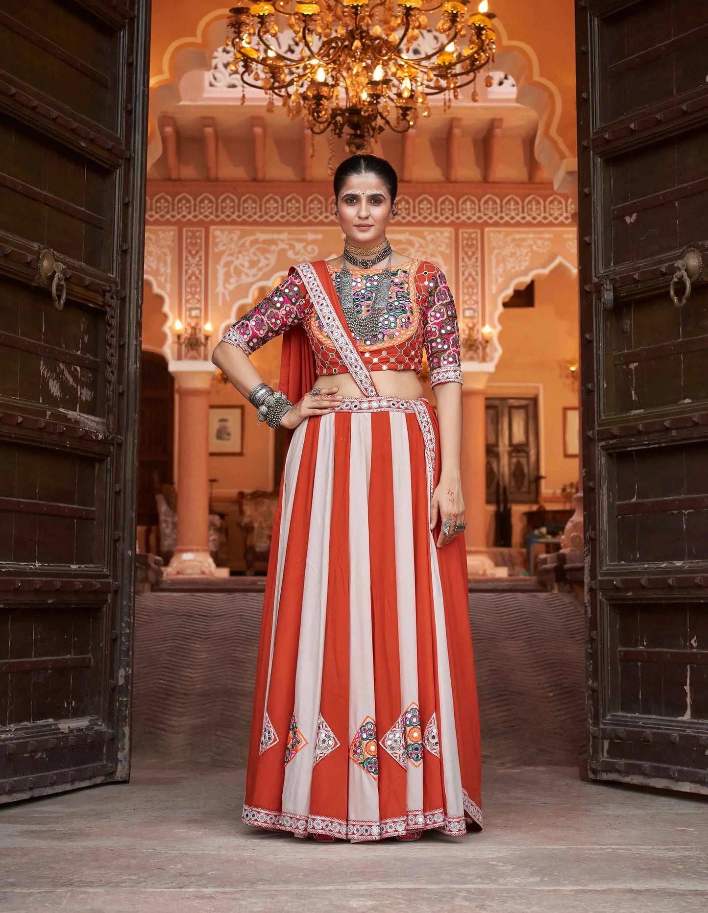 Orange And White Embroidery With Mirror Work Navratri Lehenga Choli