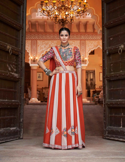 Orange And White Embroidery With Mirror Work Navratri Lehenga Choli