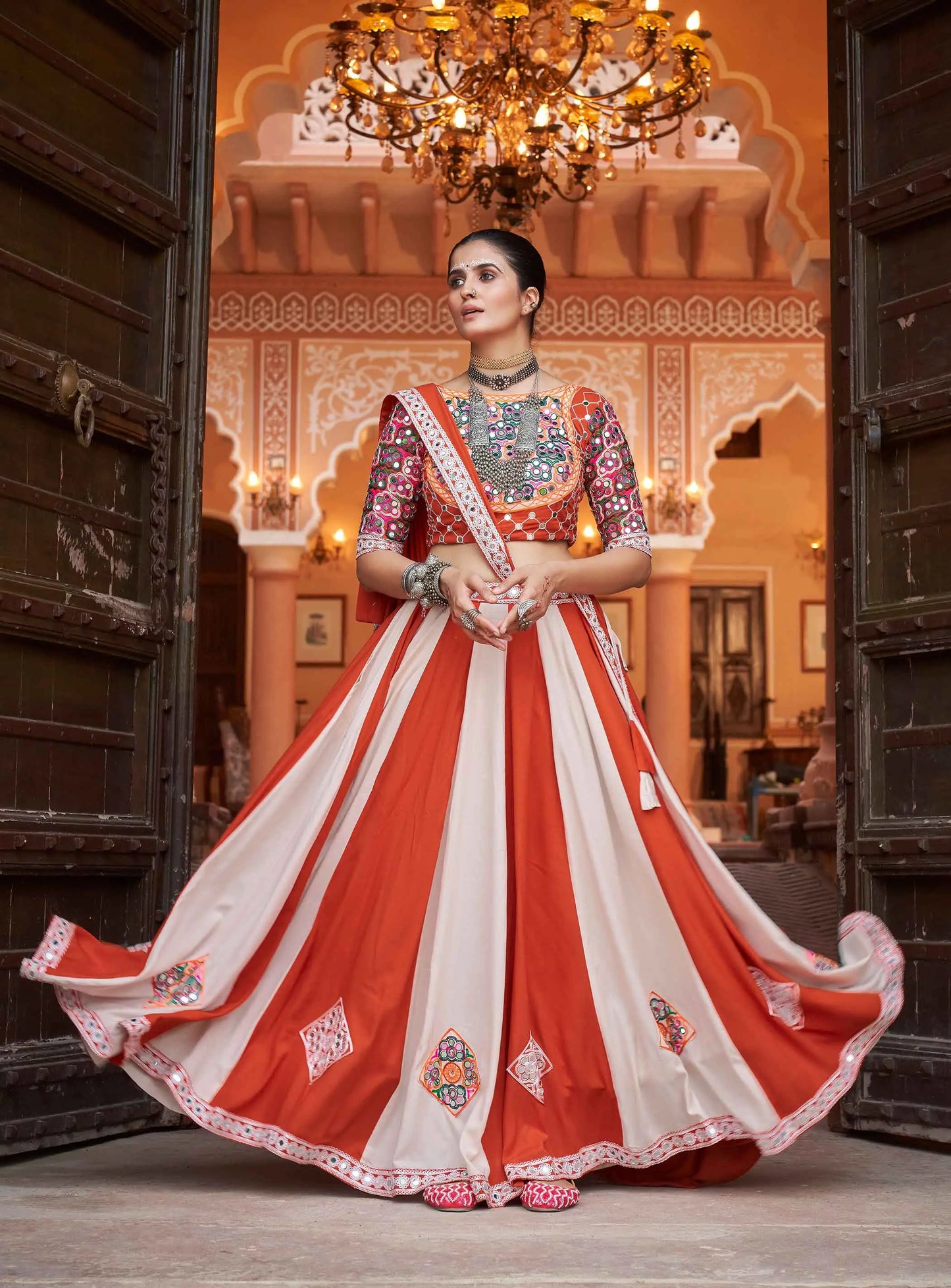 Orange And White Embroidery With Mirror Work Navratri Lehenga Choli