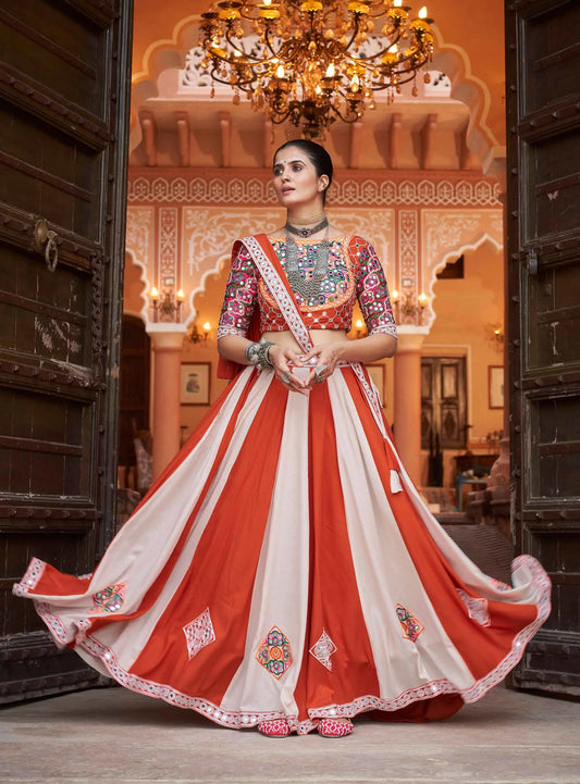 Orange And White Embroidery With Mirror Work Navratri Lehenga Choli