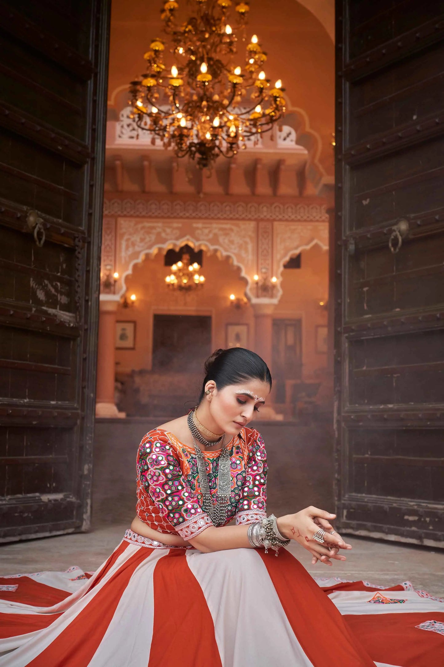 Orange And White Embroidery With Mirror Work Navratri Lehenga Choli