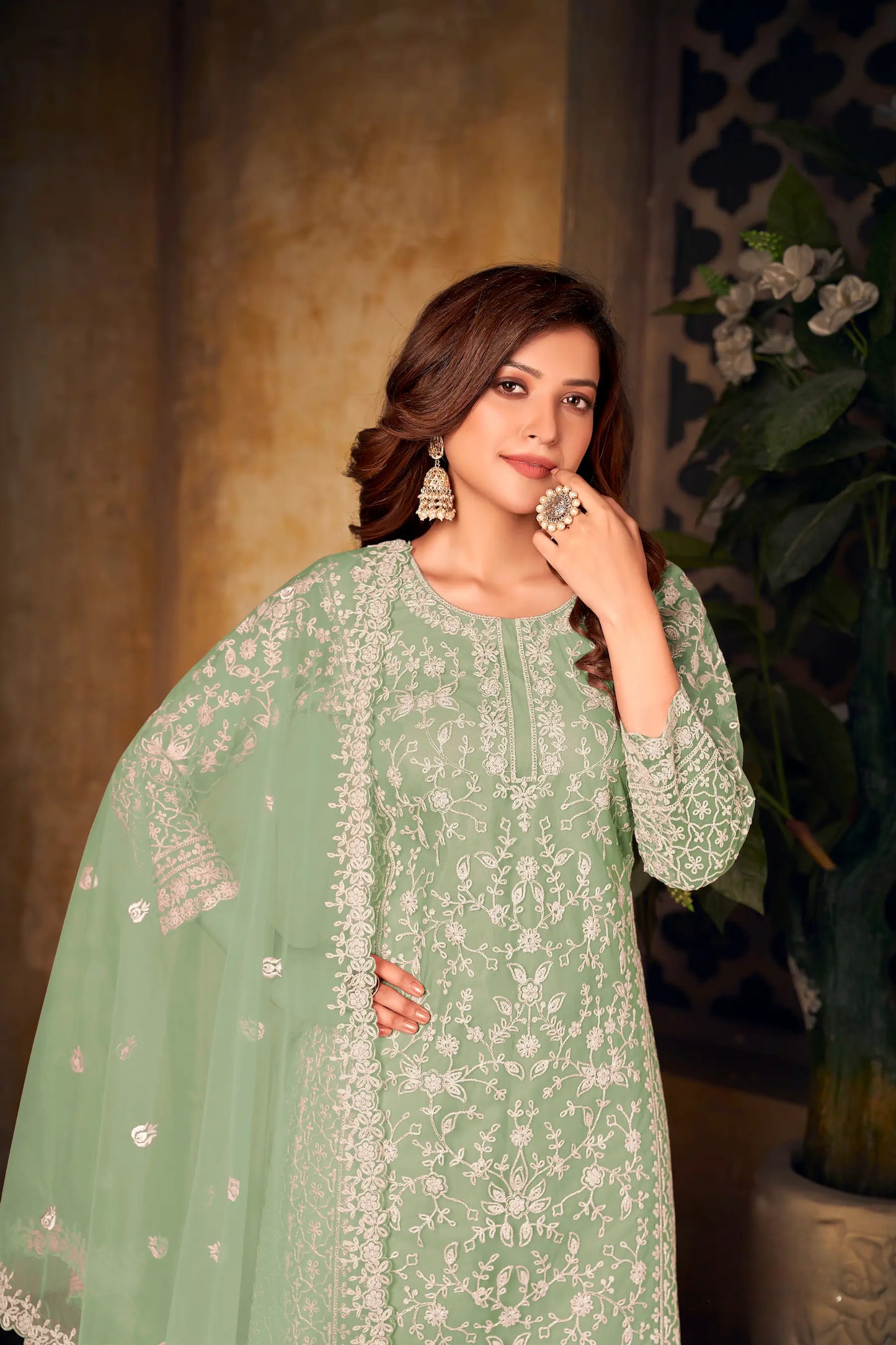 Pista Green Net Thread & Sequence Embroidery Work Salwar Suit