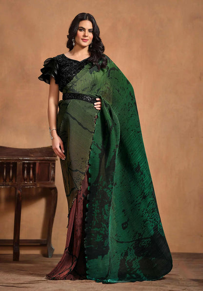 Green With Multi Color Digital Print Ready To Wear  Saree With Hand Work Blouse