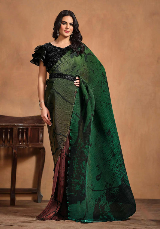 Green With Multi Color Digital Print Ready To Wear  Saree With Hand Work Blouse