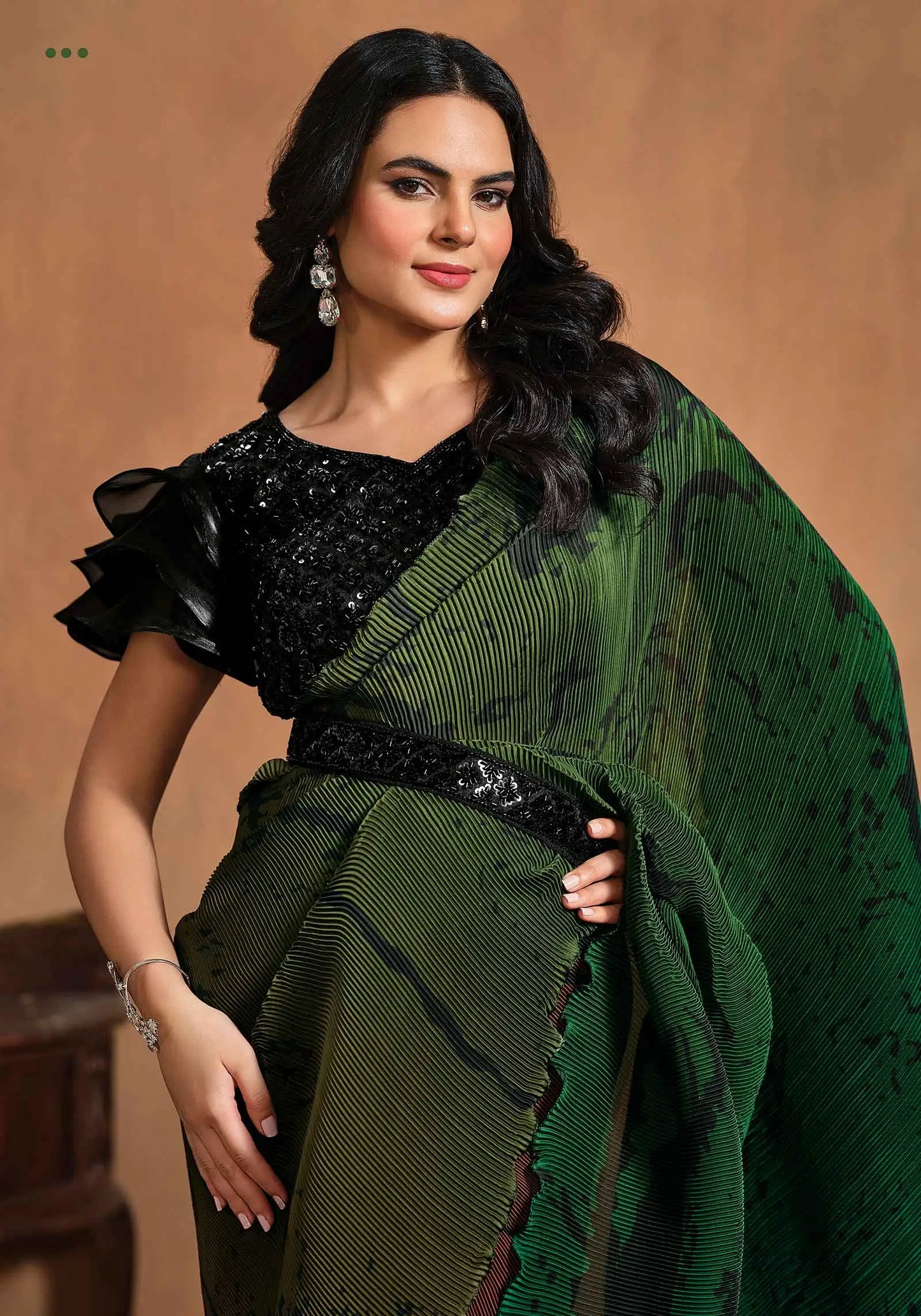 Green With Multi Color Digital Print Ready To Wear  Saree With Hand Work Blouse