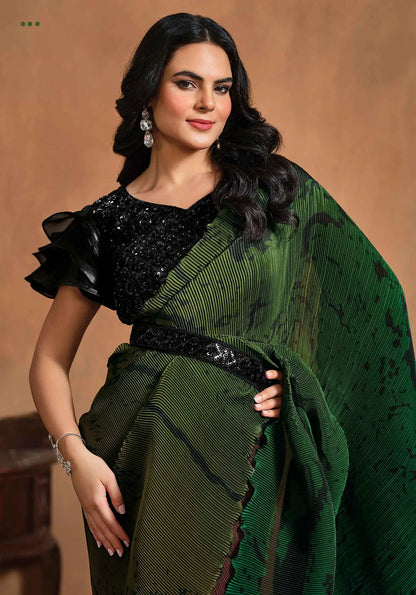 Green With Multi Color Digital Print Ready To Wear  Saree With Hand Work Blouse
