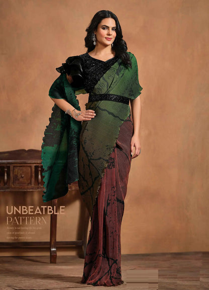 Green With Multi Color Digital Print Ready To Wear  Saree With Hand Work Blouse