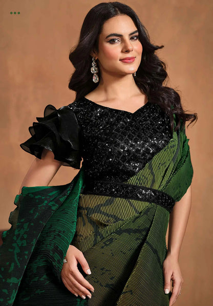 Green With Multi Color Digital Print Ready To Wear  Saree With Hand Work Blouse