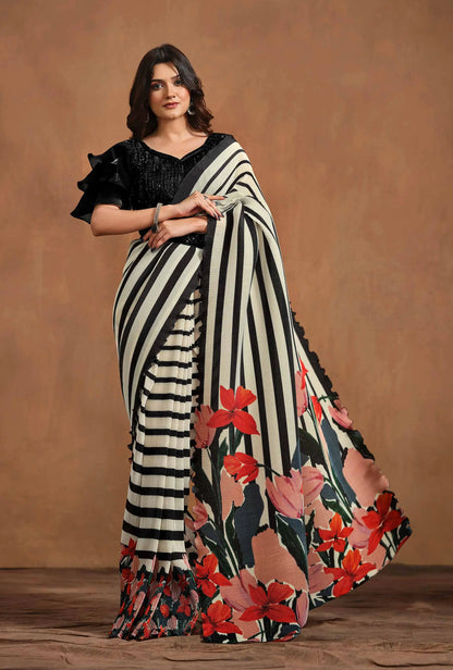 Black And White Floral Digital print Ready To Wear Saree With Hand Work Blouse