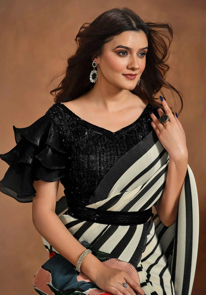 Black And White Floral Digital print Ready To Wear Saree With Hand Work Blouse