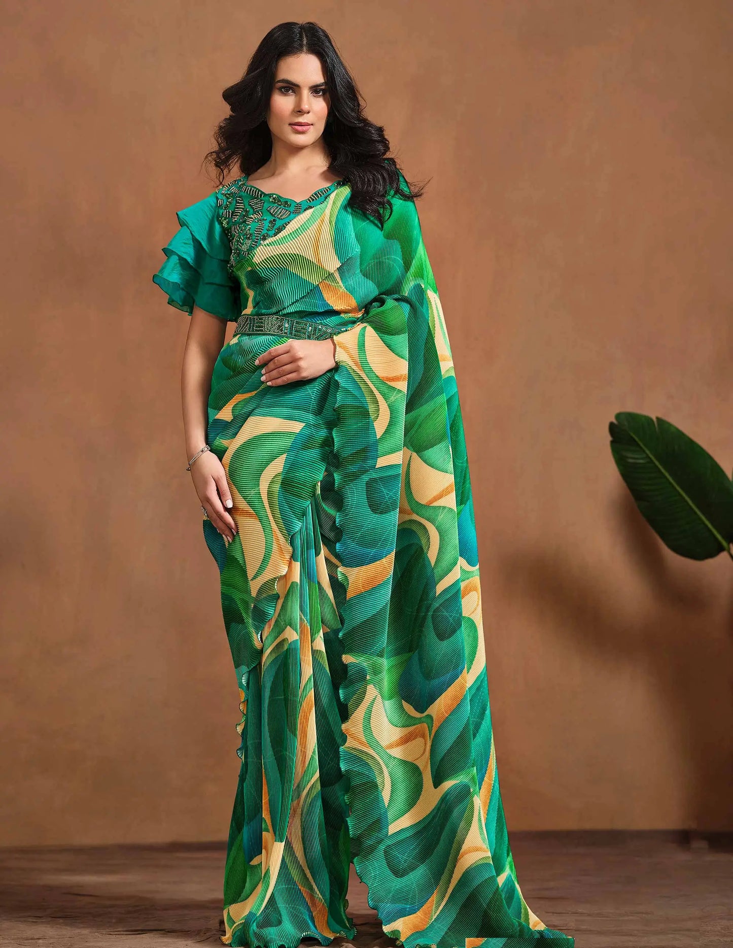 Bottle Green Digital Print Ready To Wear Saree With Hand Work
