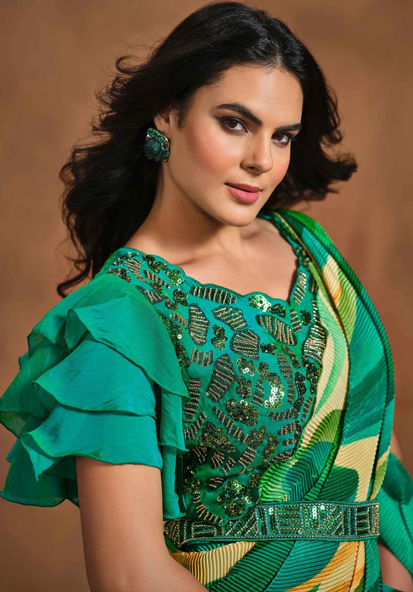 Bottle Green Digital Print Ready To Wear Saree With Hand Work