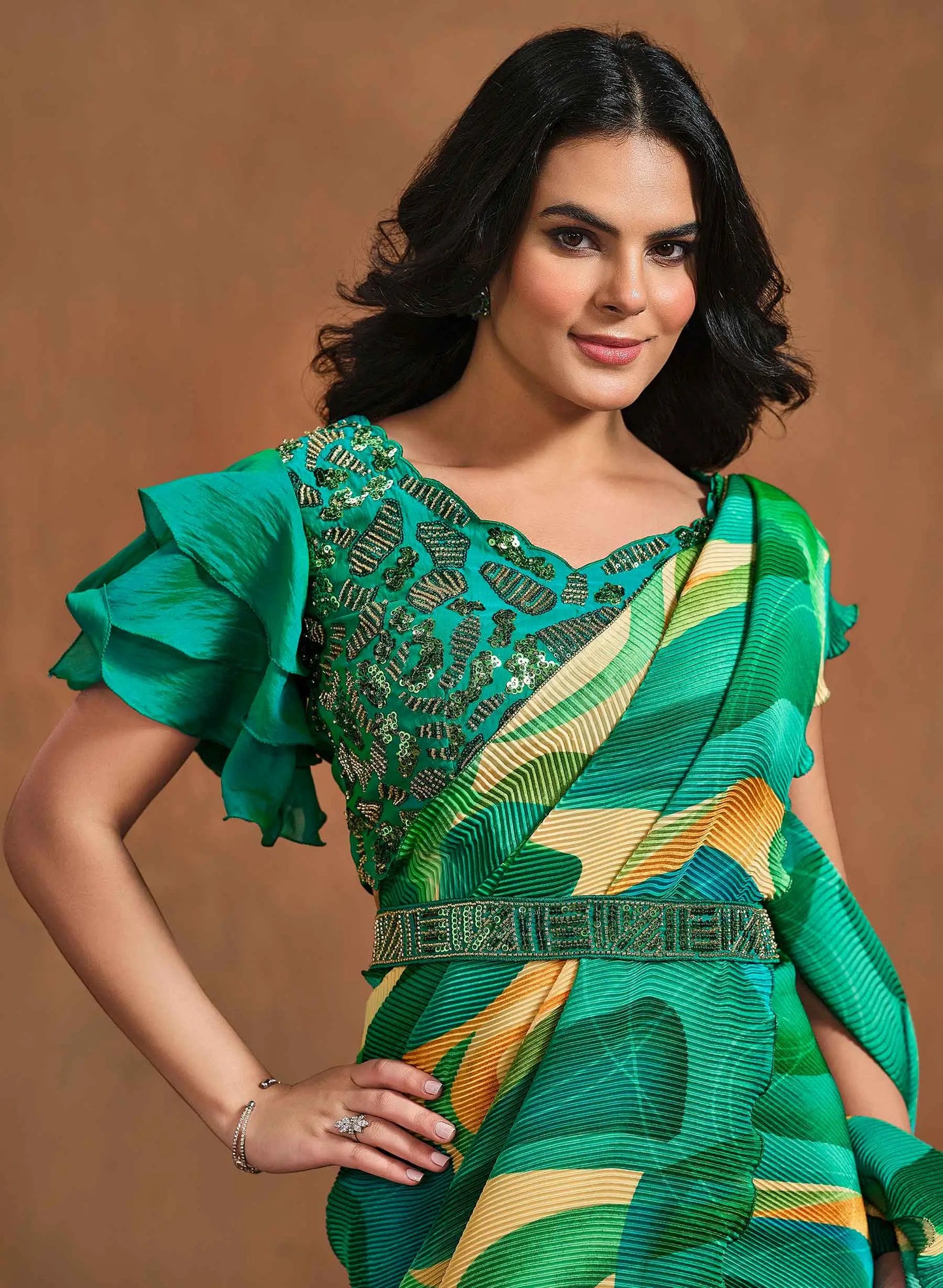 Bottle Green Digital Print Ready To Wear Saree With Hand Work
