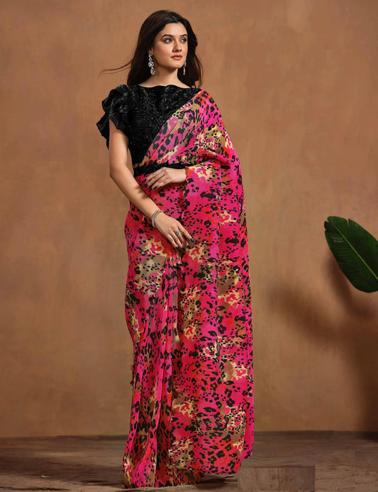 Hot Pink Digital Print Draped Saree With Hand Work Blouse