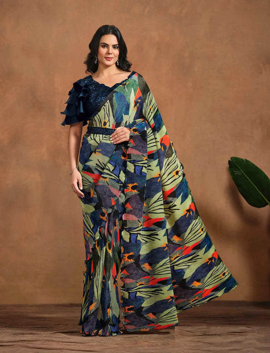 Olive Green With Multi Color Digital Print Ready To Wear One Minute Saree