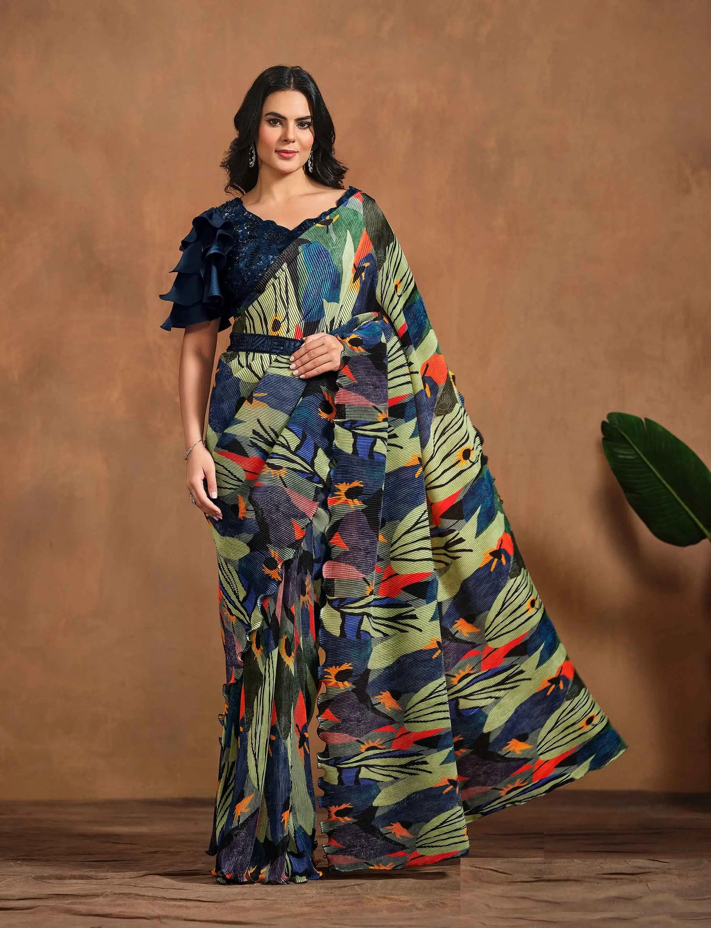 Olive Green With Multi Color Digital Print Ready To Wear One Minute Saree